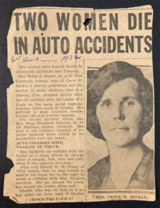 "Two Women Die in Auto Accidents," newspaper clipping, 1934